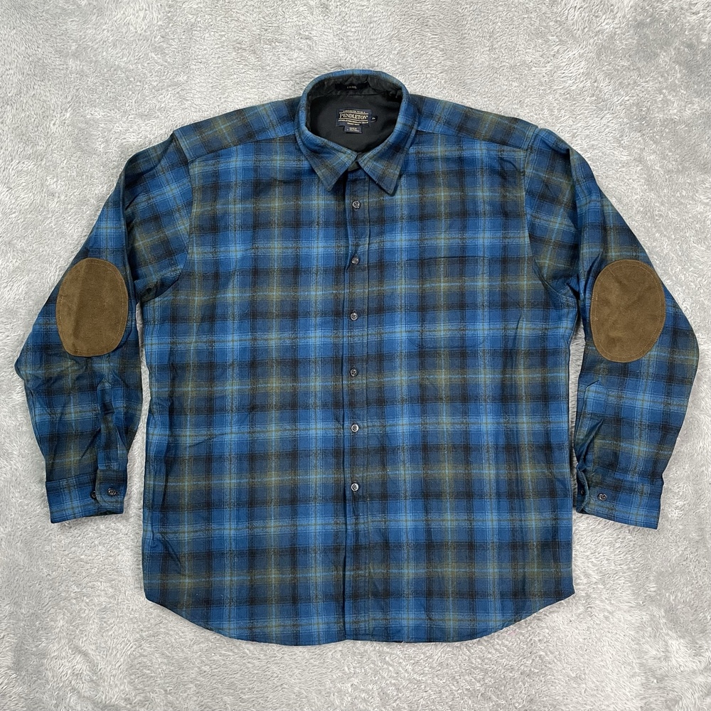 Pendleton Trail Shirt Mens XL Blue Plaid Wool Lined Elbow Patch Long Sleeve